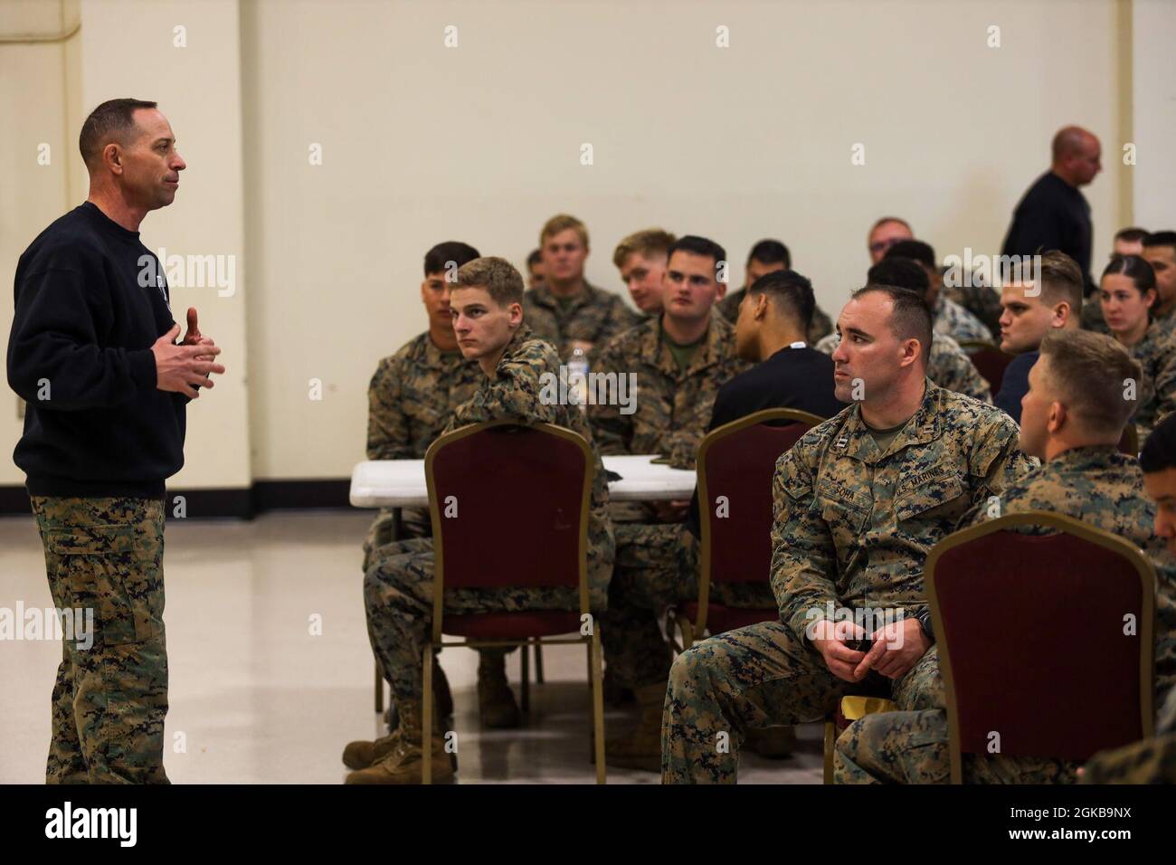 Col. Timothy Dremman the Battalion Commander of Weapons and Field Training Battalion, speaks to his Marines after a field meet on Marine Corps Recruit Depot Parris Island, S.C. Mar. 2, 2021. The Field Meet is consists of various competitive events with integration and constructed to build team work, motivation, and esprit de corps for Marines. Stock Photo