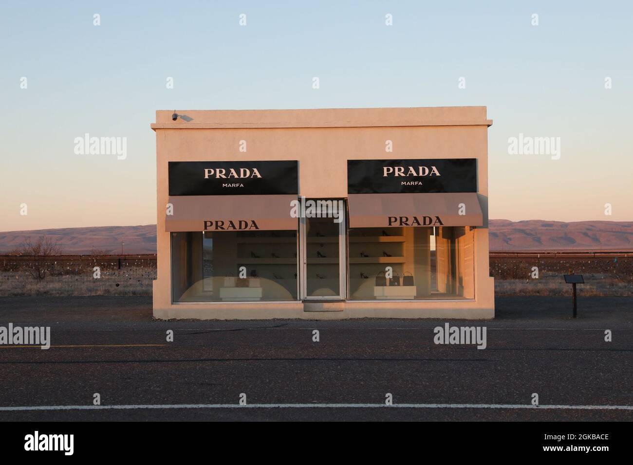 Prada Marfa, a stand-along art-display showcasing select items from the  Prada Collection, is a popular tourist stop for vistors traveling along  Texas Highway 90 in the Big Bend region. The building is