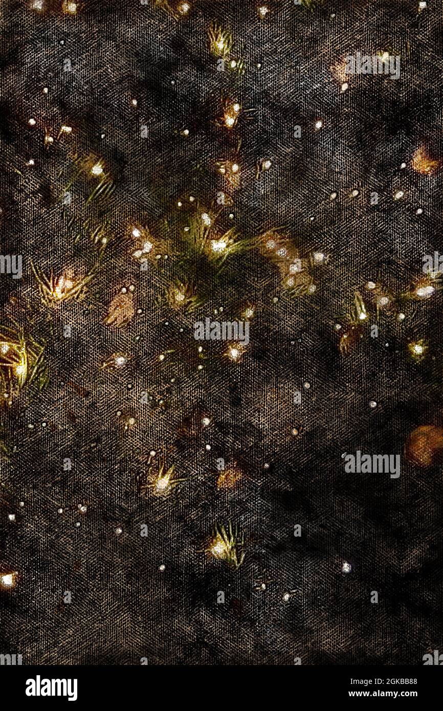 Christmas tree with yellow lights. Garland glowing among the bra Stock