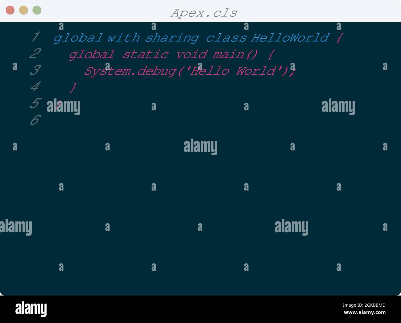 Apex language Hello World program sample in editor window illustration ...