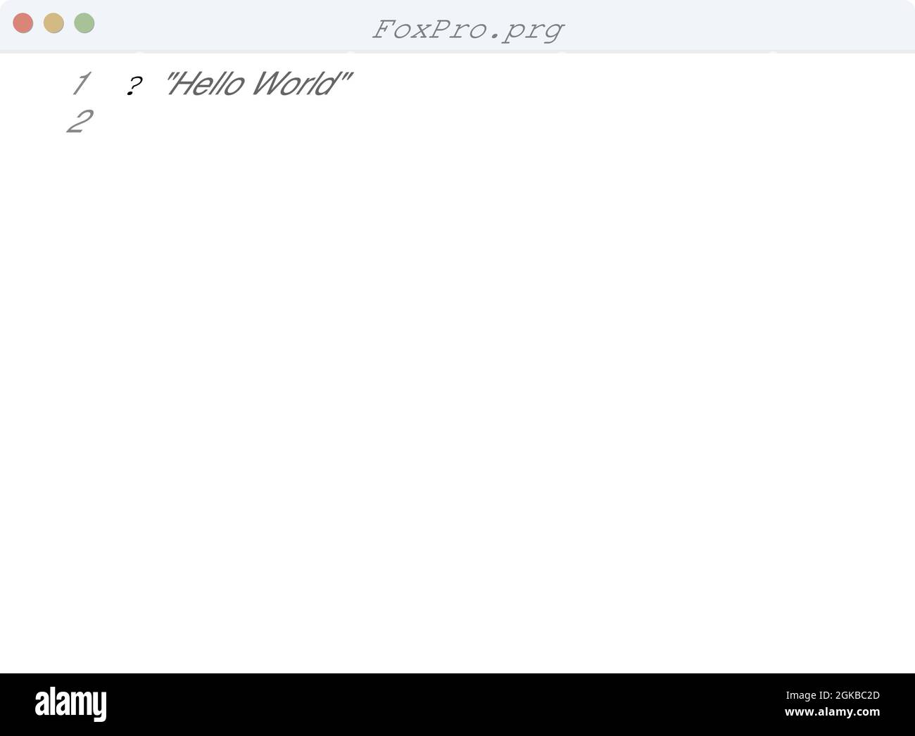 FoxPro language Hello World program sample in editor window illustration Stock Vector