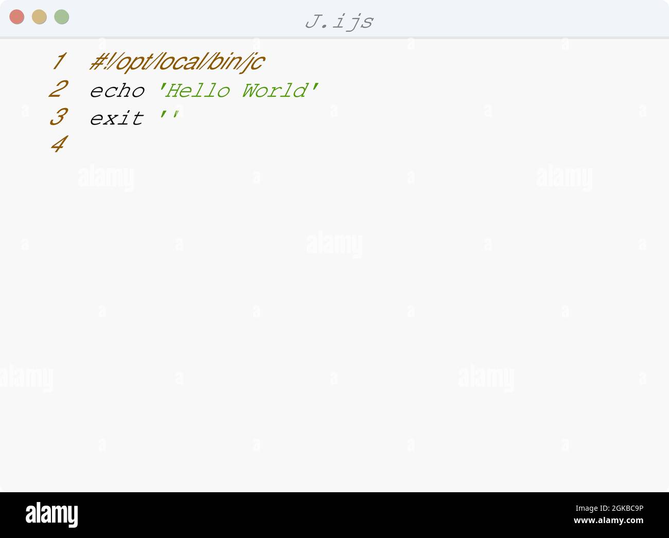 J language Hello World program sample in editor window illustration ...