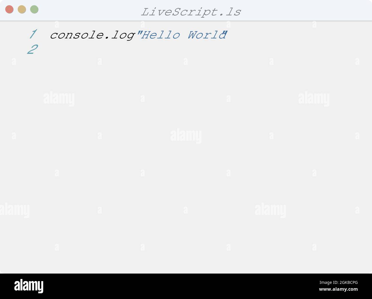 LiveScript language Hello World program sample in editor window ...