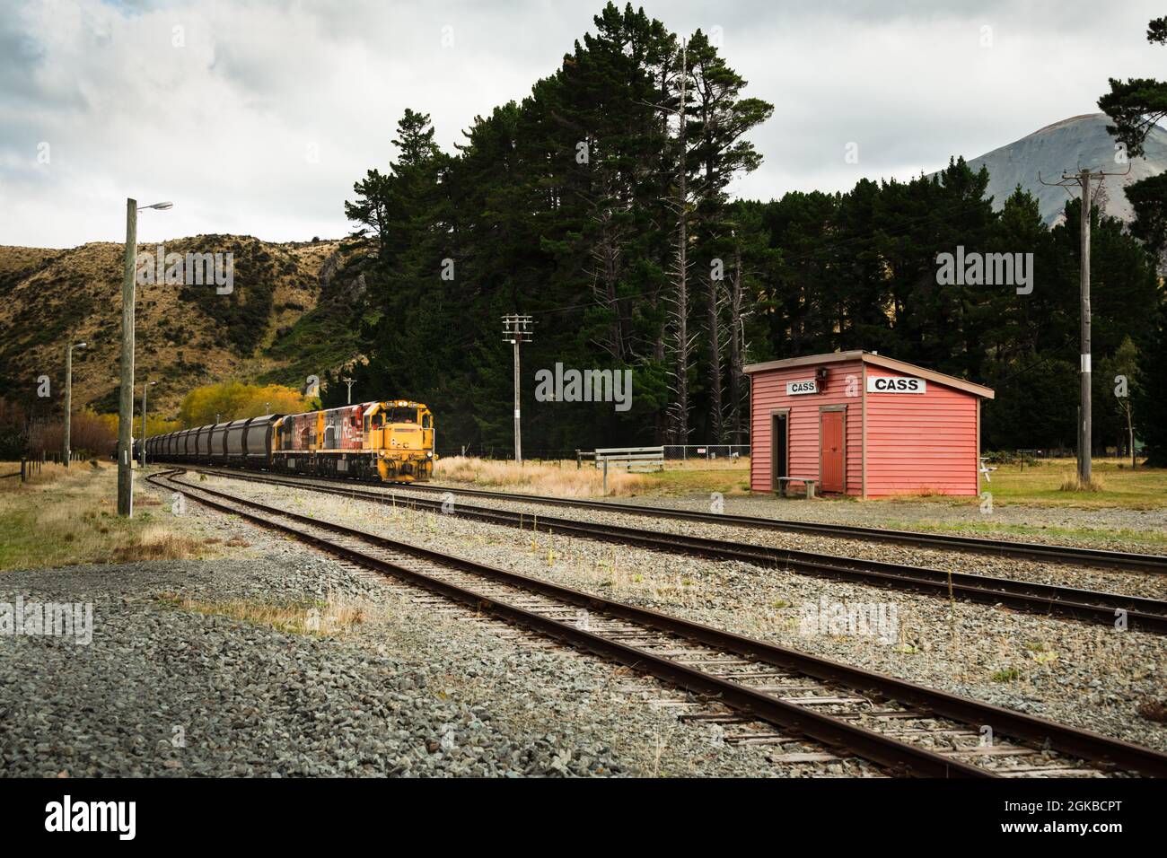 A KiwiRail freight train approaching Cass railway station, the highest section of the railway track linking Christchurch to Greymouth, South Island, N Stock Photo