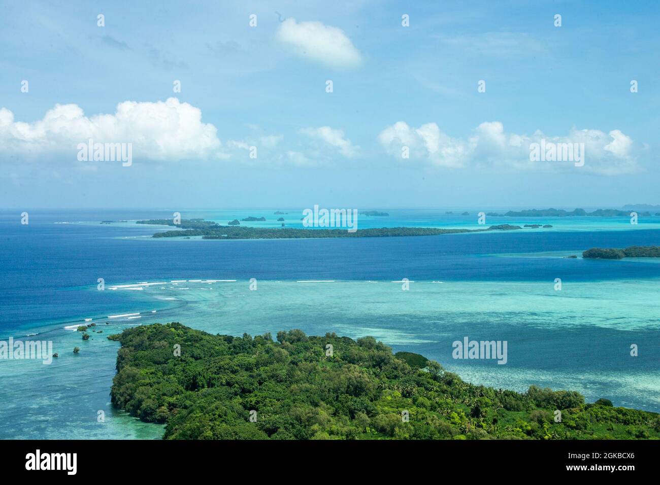 Aerial Photographs of Palau taken from a U.S. Marine Corps UH-1Y Huey with Marine Medium Tiltrotor Squadron 262 (Reinforced), 31st Marine Expeditionary Unit (MEU), in the Pacific Ocean, March 3, 2021. The 31st MEU is operating aboard ships of the Amphibious Squadron 11 in the 7th fleet area of operations to enhance interoperability with allies and partners and serve as a ready response force to defend peace and stability in the Indo-Pacific region. Stock Photo