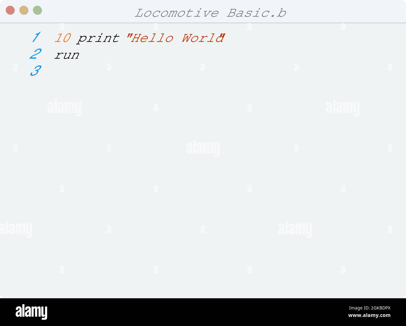 Locomotive Basic language Hello World program sample in editor window ...