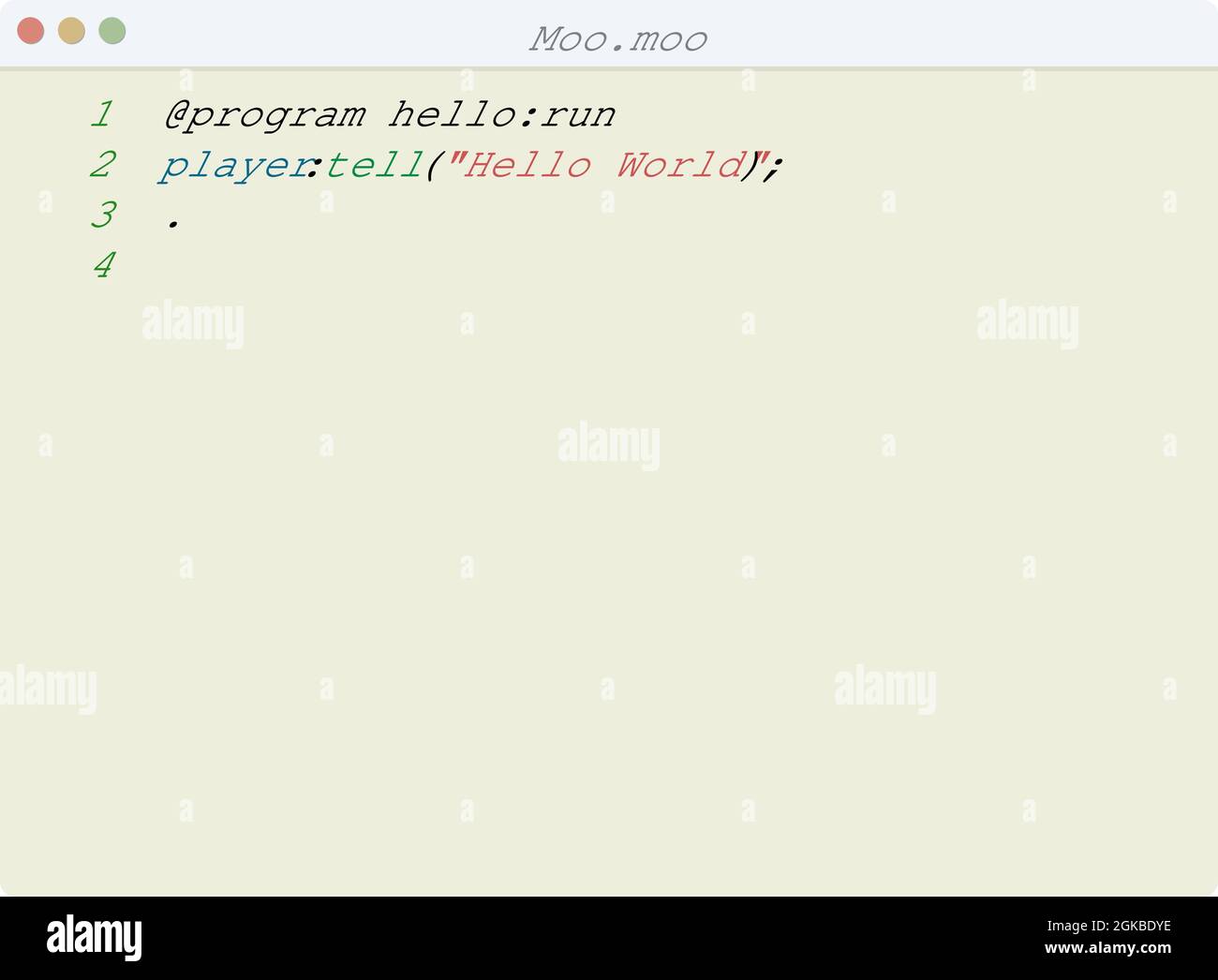 Moo language Hello World program sample in editor window illustration ...