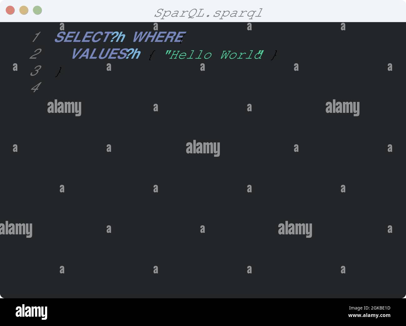 SparQL language Hello World program sample in editor window illustration Stock Vector