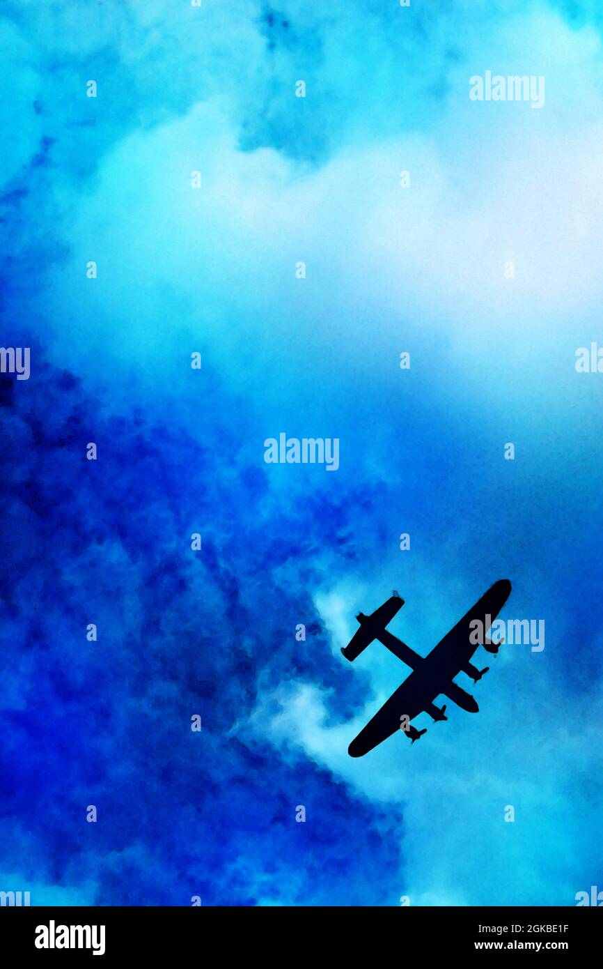 Digital multi-media art illustration of Lancaster bomber silhouette breaking through clouds. Dambusters WWII bomber. Nostalgic image, suit book cover. Stock Photo