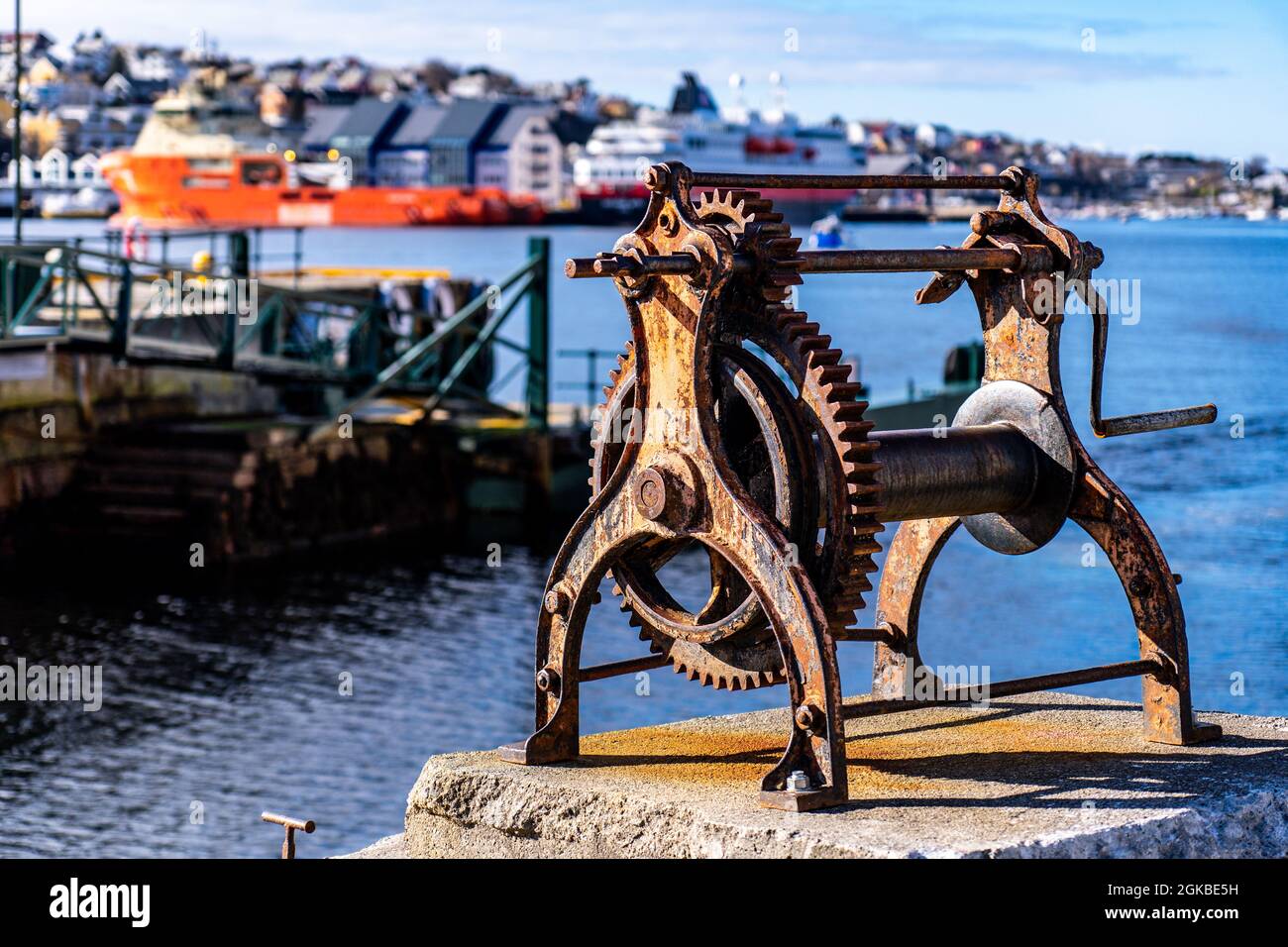 Piece of marine machinery in the port of the ocean Stock Photo