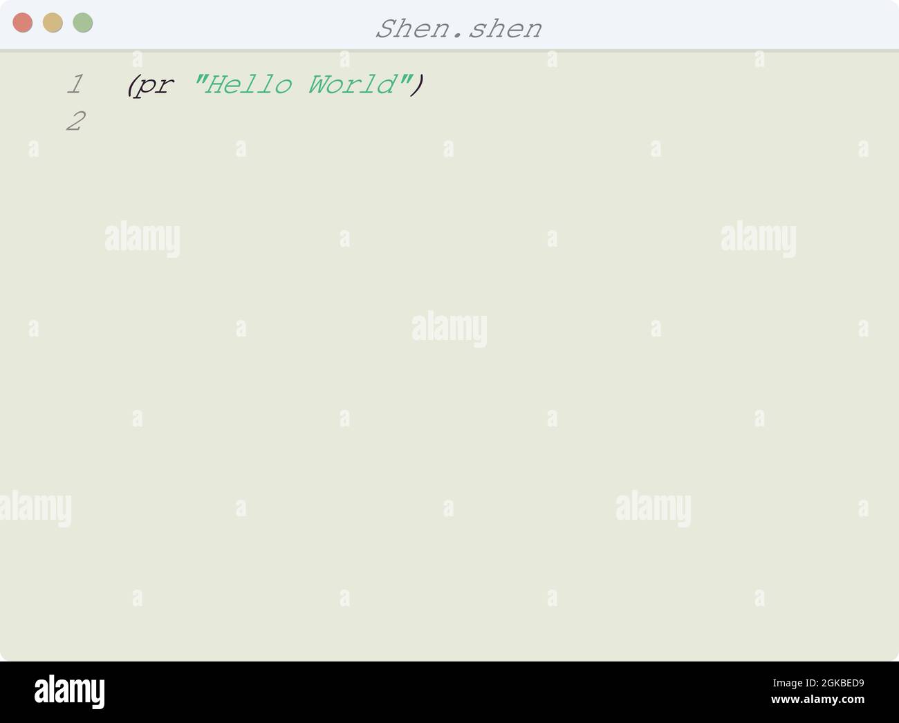 Shen language Hello World program sample in editor window illustration ...