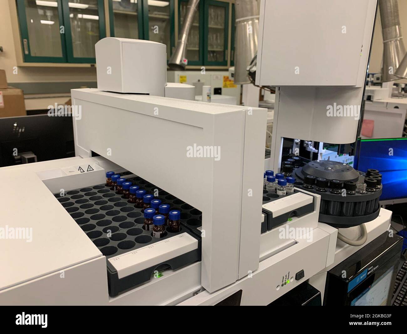 The extracted solvent is analyzed using a Gas Chromatography Mass  Spectrometry Triple Quadrupole (GC-QQQ), which can run 150 samples at once,  drastically reducing needed manpower compared to the thermal desorption  method, which