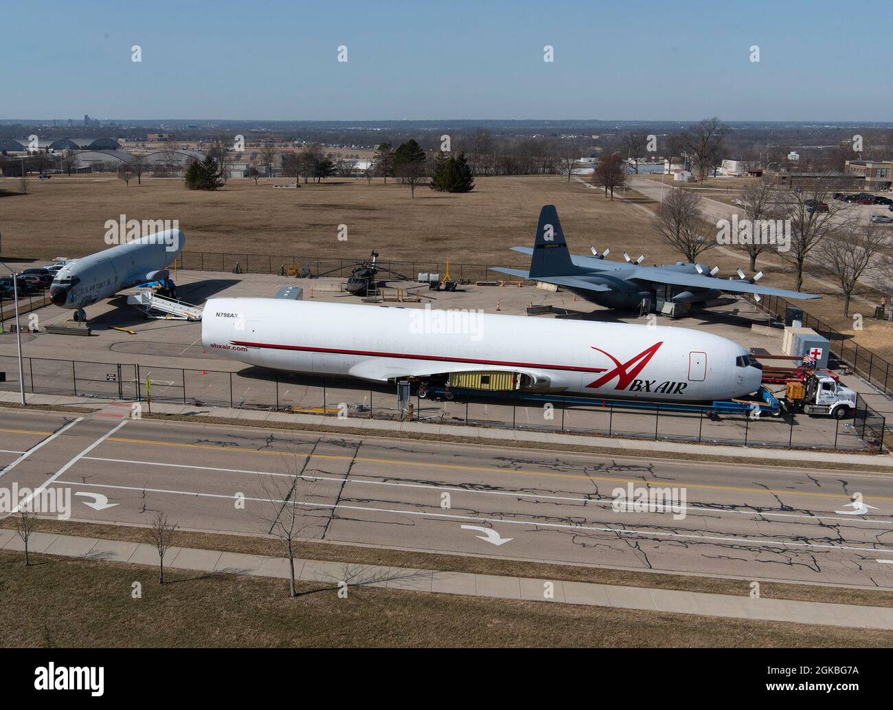 Fuselages of various airframes used in medevacs sit on the U.S. Air Force School of Aerospace Medicine campus at Wright-Patterson Air Force Base, Ohio, March 4, 2021. The newest addition, a Boeing 767, will be retrofitted to mimic a KC-46 in order to train Air Force personnel in the latest addition to the fleet of medical aircraft. Stock Photo