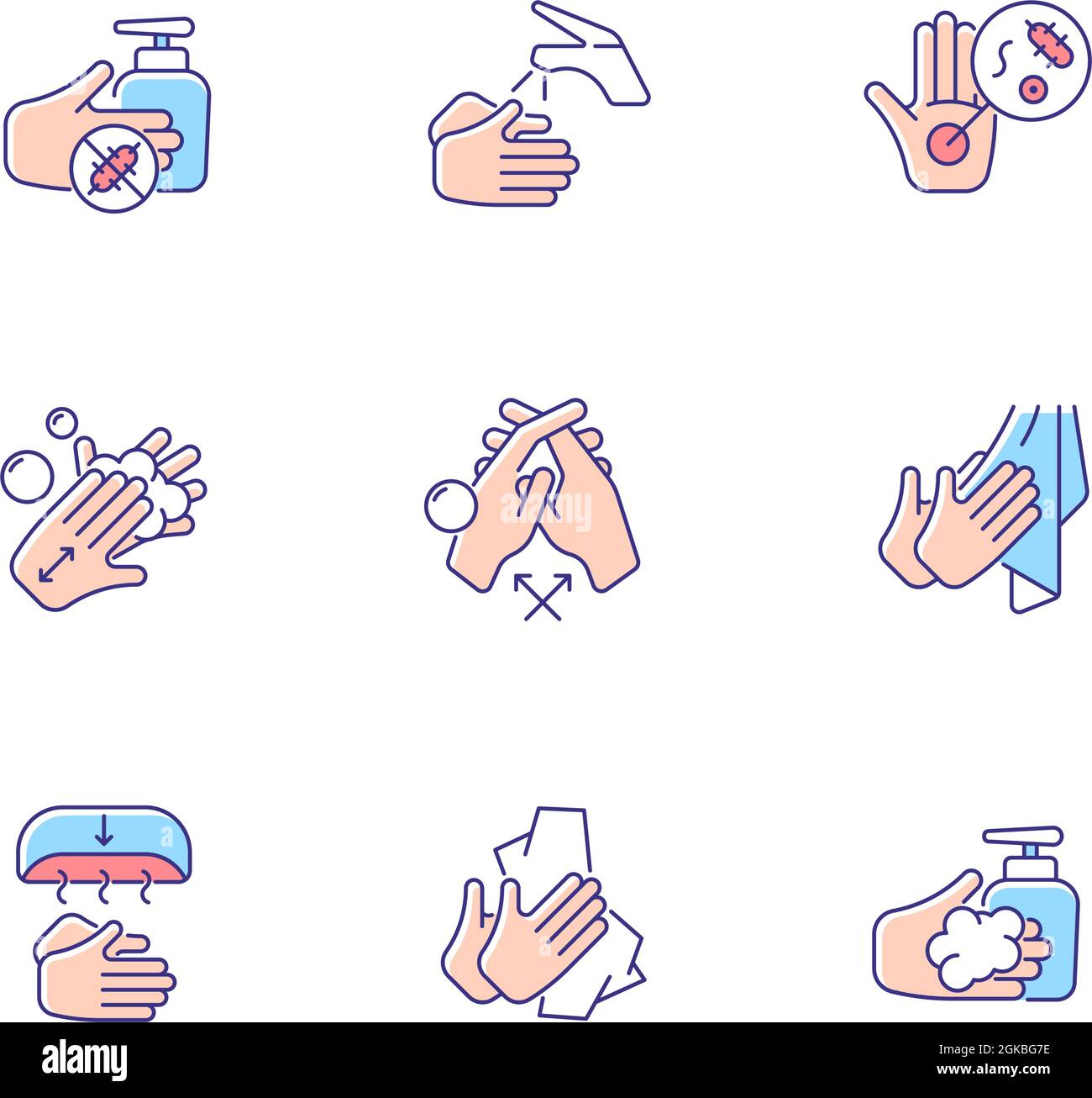 Hand washing steps RGB color icons set Stock Vector