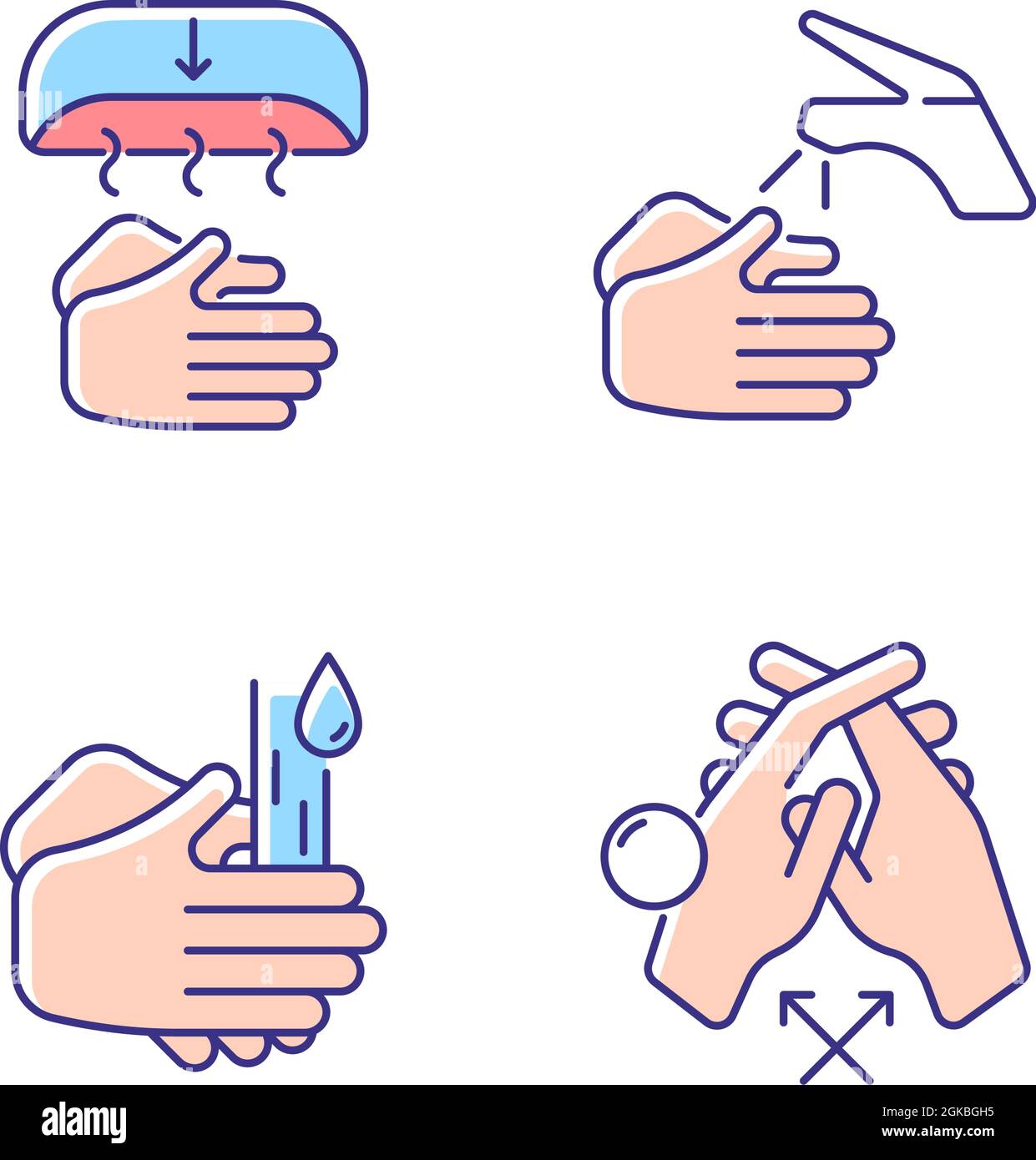 Proper handwashing RGB color icons set Stock Vector
