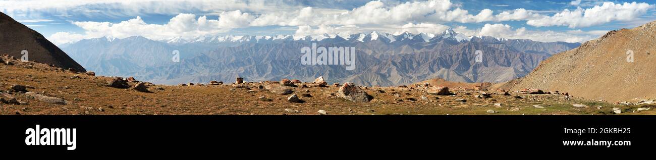 Panoramic view from Ladakh Range to Stok Kangri Range - Ladakh - Jammu and Kashmir - India Stock Photo