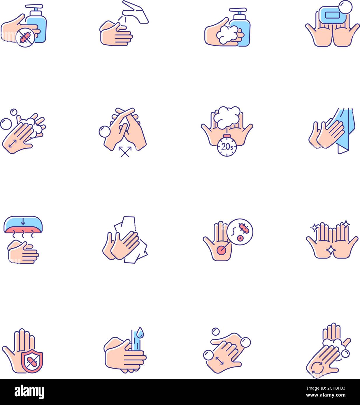 Keeping hands clean RGB color icons set Stock Vector