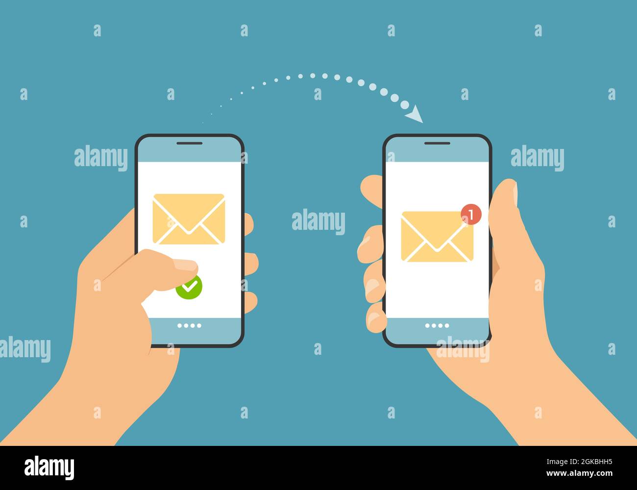 Flat design illustration of a hand holding a smartphone and sending a text message or email. Notification with envelope on mobile phone display - vect Stock Vector