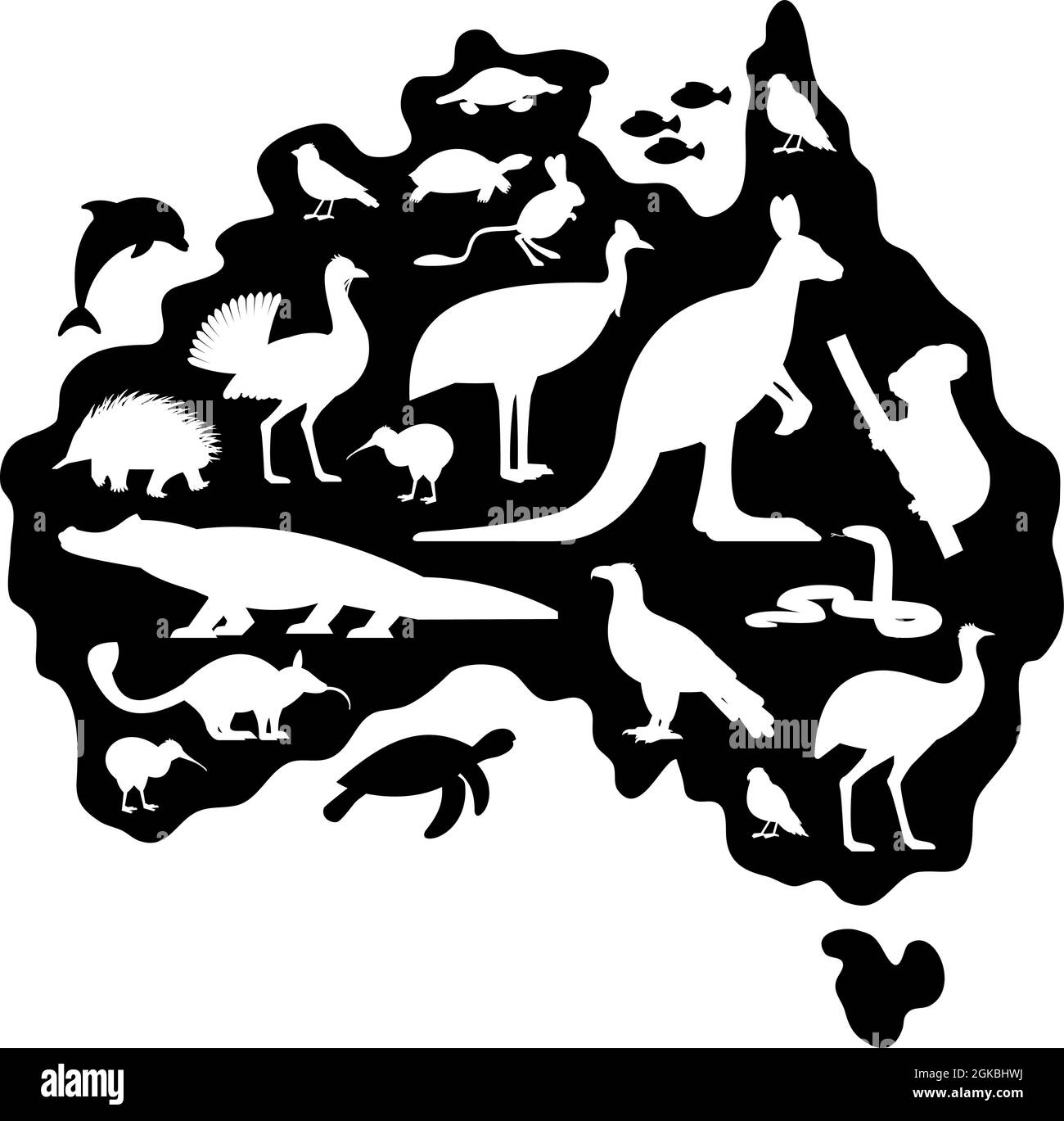 Silhouettes of animals and Birds on Australia Map Stock Vector