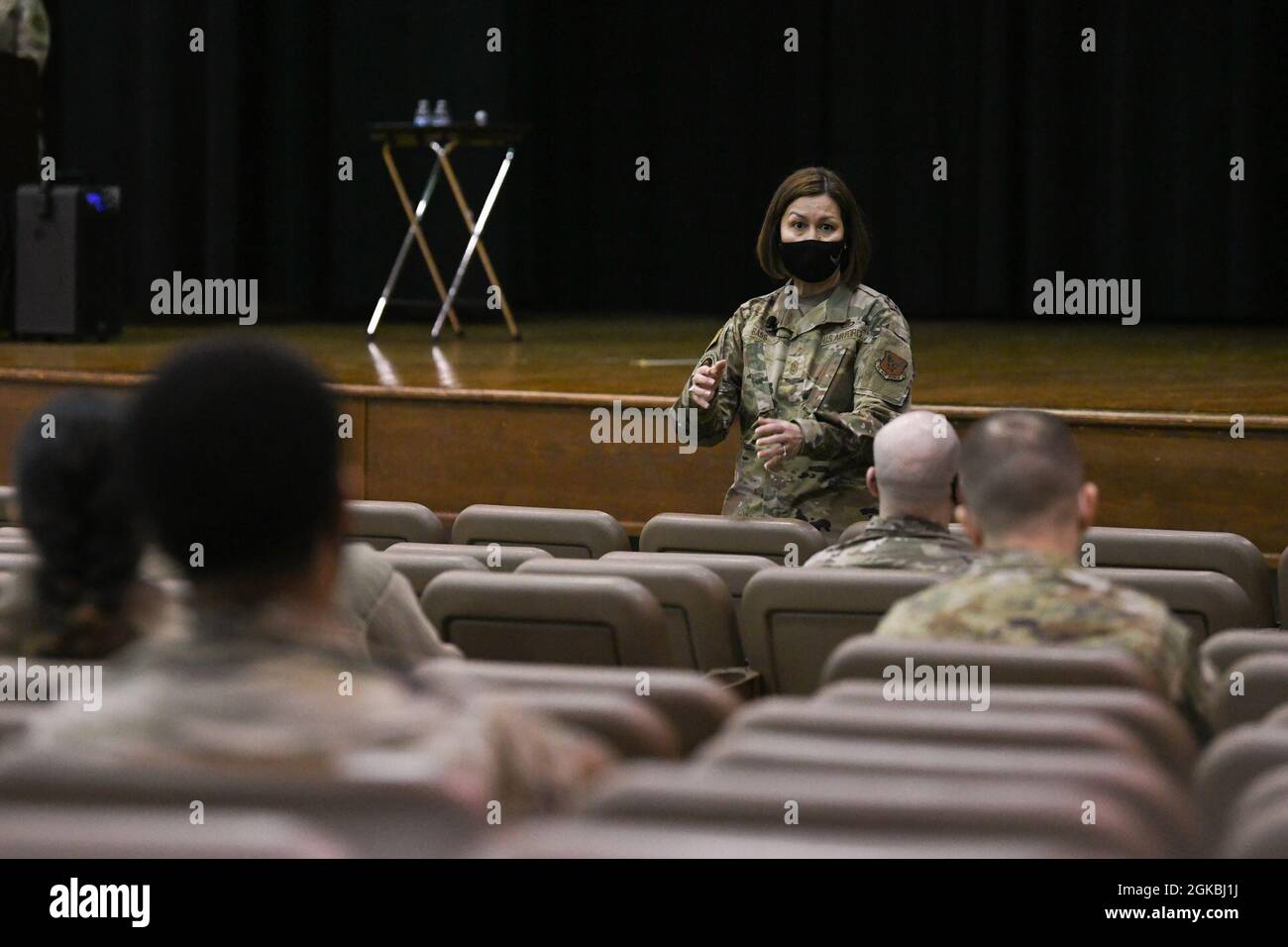 Chief Master Sgt. of the Air Force JoAnne Bass speaks to Joint Base Andrews Airmen at the Andrews Theater on JBA, Md. March 4, 2021. Bass spoke about her past as a young Airman and delved into topics such as resiliency and learning from mistakes. Stock Photo