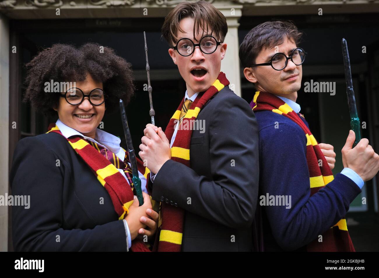 London, UK. 14th Sep, 2021. The acclaimed original cast of ‘Dumbledore Is So Gay' will be returning to serve Harry Potter nostalgia at The Pleasance Theatre this month (Sep 21-26). For the photocall they gather at ZSL London Zoo's Reptile House, an iconic spot from Harry Potter and the Philosopher's Stone, in costumes that celebrate the central character Jack's super-fan status. Reuniting to tell this optimistic story of self-love and friendship are actors Alex Britt as Jack, Max Percy as Ollie/Martin and Charlotte Dowding as Gemma/Sally/Madame DuBois. Credit: Imageplotter/Alamy Live News Stock Photo