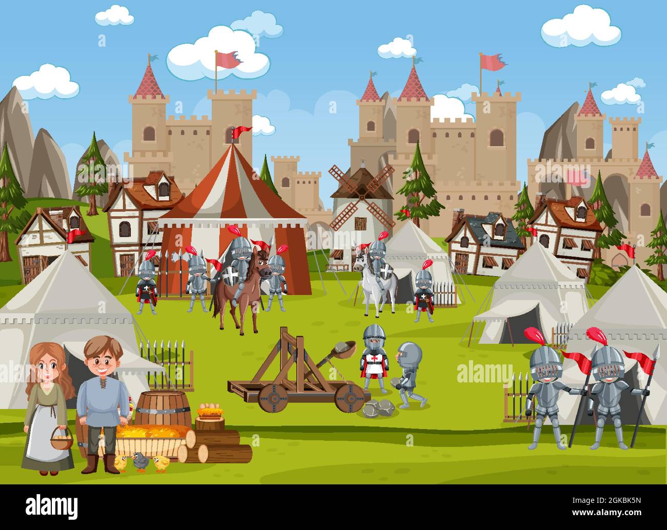Medieval town scene with villagers illustration Stock Vector Image ...