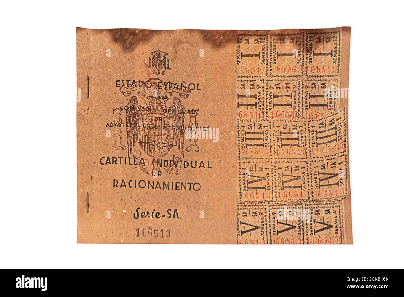 Salamanca, Spain - October 10, 2017: Spanish ration card with coupons valid from 1939 to 1952 during the Spanish civil war.Photography made on white b Stock Photo