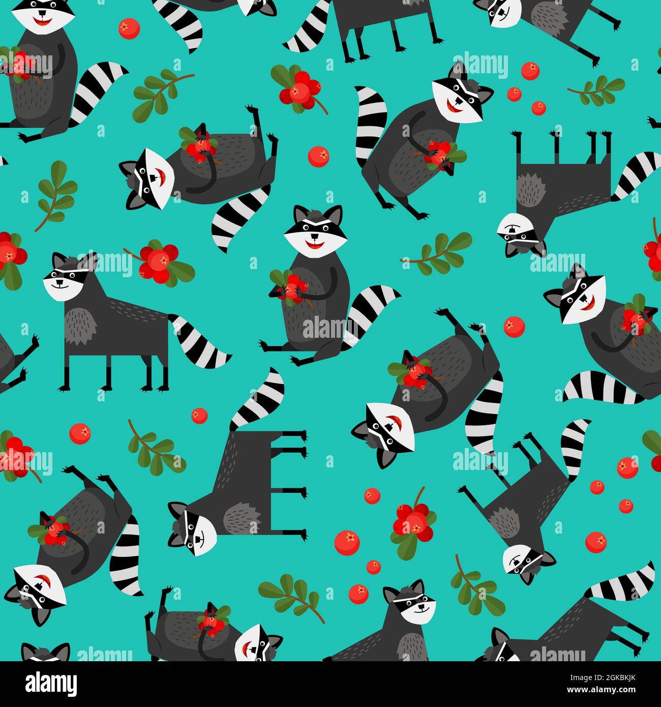 Seamless pattern with raccoons and berries on blue background Stock ...