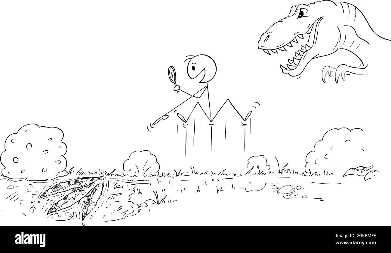 Happy Paleontologist Just Found Footprint of Living Dangerous Dinosaur , Vector Cartoon Stick Figure Illustration Stock Vector