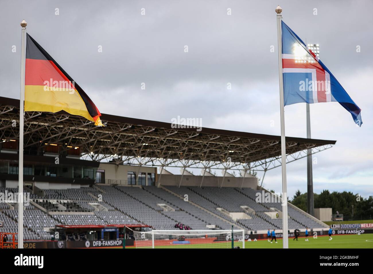 Reykjavik, Iceland. 08th Sep, 2021. Football: World Cup Qualification, Iceland - Germany, Group Stage, Group J, Matchday 6 at Laugardalsvöllur Stadium. The flags of Germany and Iceland in front of the main stand in the stadium before the match. Credit: Christian Charisius/dpa/Alamy Live News Stock Photo