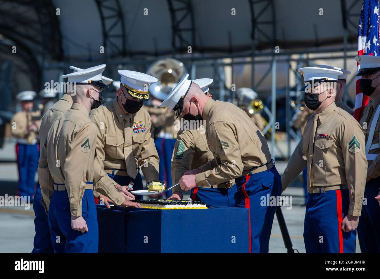 U.S. Marines cut a cake during a ceremony at Marine Corps Air Station Cherry Point, North Carolina, March 5, 2021. The Marines of Marine Attack Squadron (VMA) 542 celebrated the 77th anniversary of their squadron being formed with a ceremony that focused on the squadron’s history as well as rededicating each Marine to service to the United States. VMA-542 was established during World War 2 and has seen service in each major conflict the United States has taken part in to include counter-insurgency operations in Iraq and Afghanistan and more recently against ISIS. The squadron will be deactivat Stock Photo