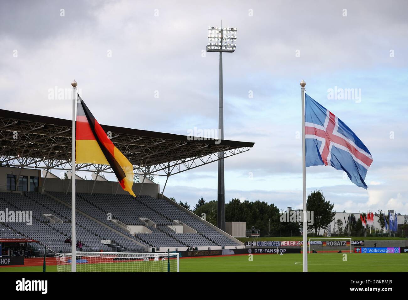 Reykjavik, Iceland. 08th Sep, 2021. Football: World Cup Qualification, Iceland - Germany, Group Stage, Group J, Matchday 6 at Laugardalsvöllur Stadium. The flags of Germany and Iceland in front of the main stand in the stadium before the match. Credit: Christian Charisius/dpa/Alamy Live News Stock Photo