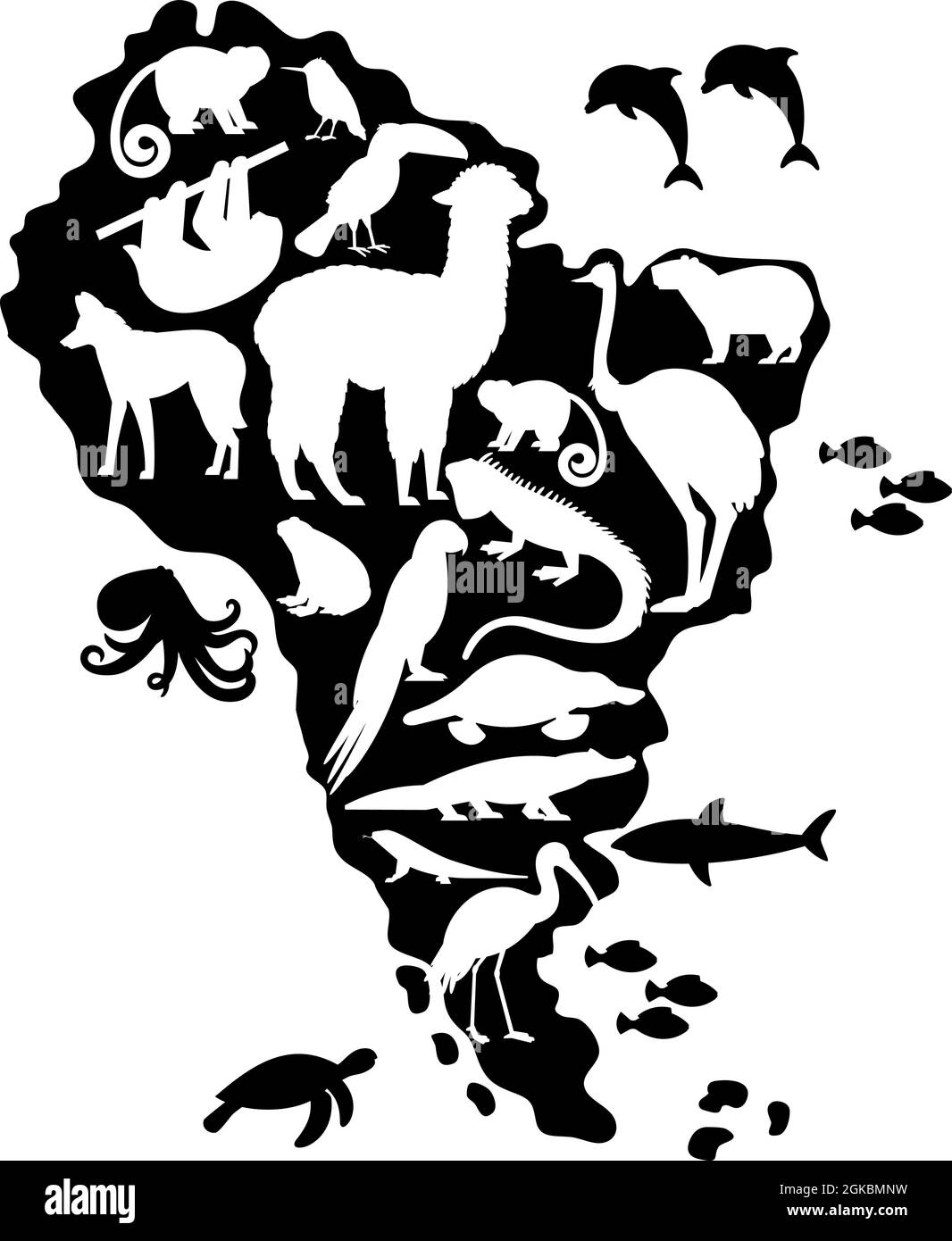 Silhouettes of Animals and Birds on South America Map Stock Vector