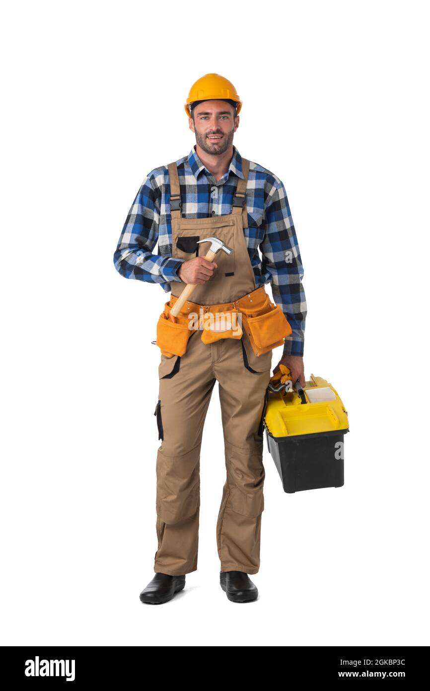 Handsome construction worker with toolbelt, full length portrait