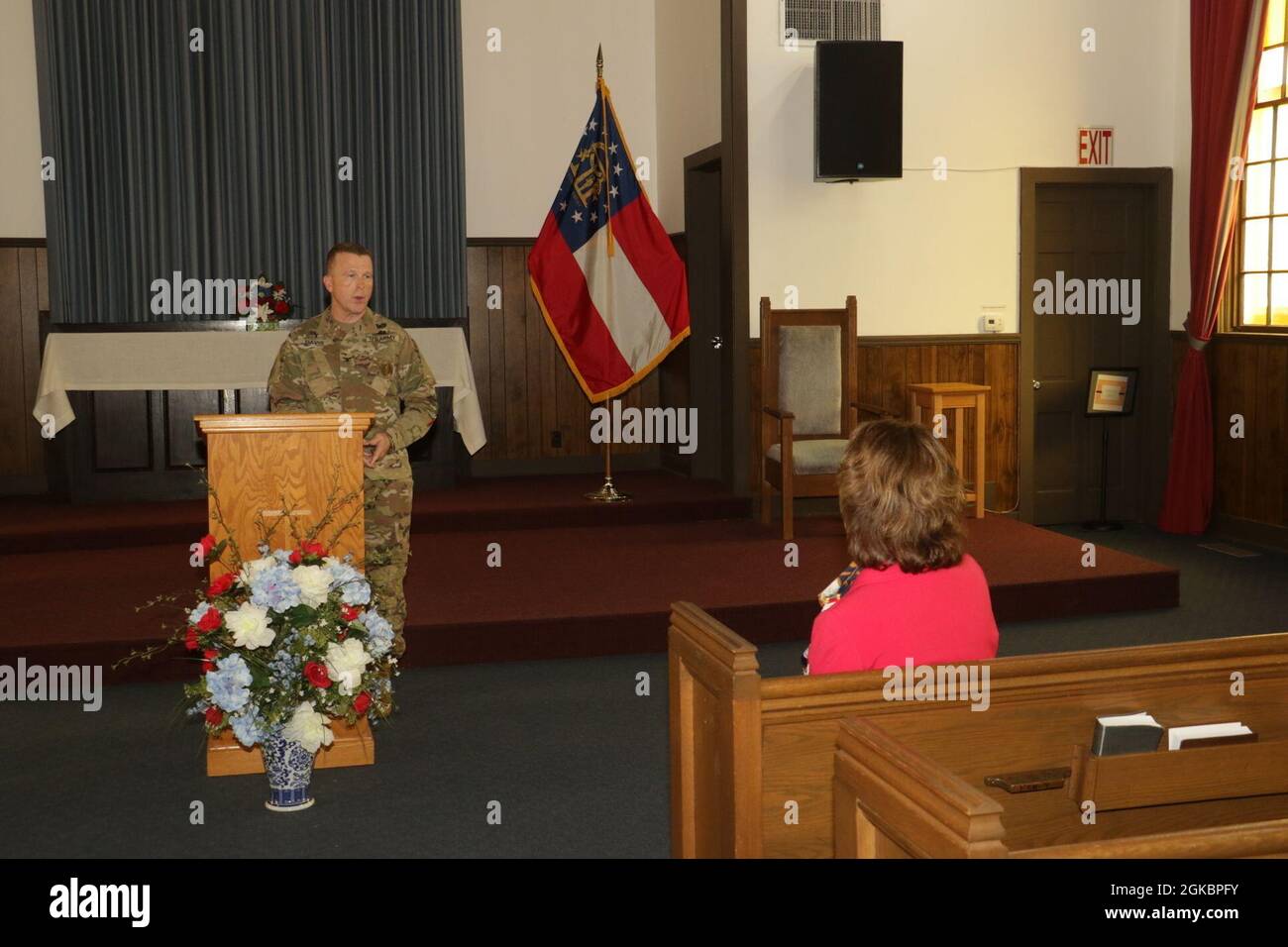 U.S. Army Col. Blair Davis, Georgia National Guard state chaplain, says an opening prayer during a commemoration ceremony March 3, 2021, held at the Clay National Guard chapel in Marietta, Georgia. The chapel was initially built in 1945 and the ceremony highlighted the rich history of the building. Stock Photo