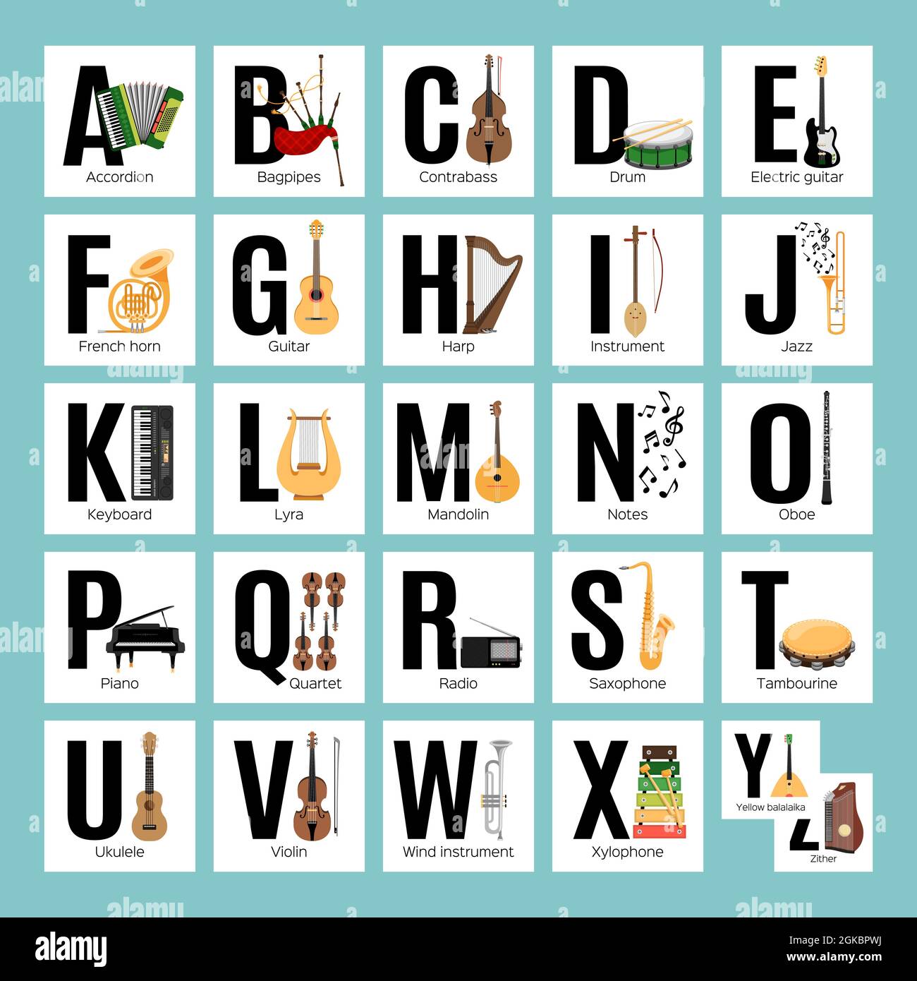 Alphabet with musical instruments and items Stock Vector Image & Art