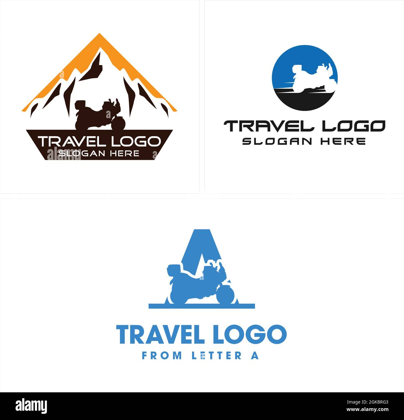 Travel adventures motorcycle mountain logo design Stock Vector