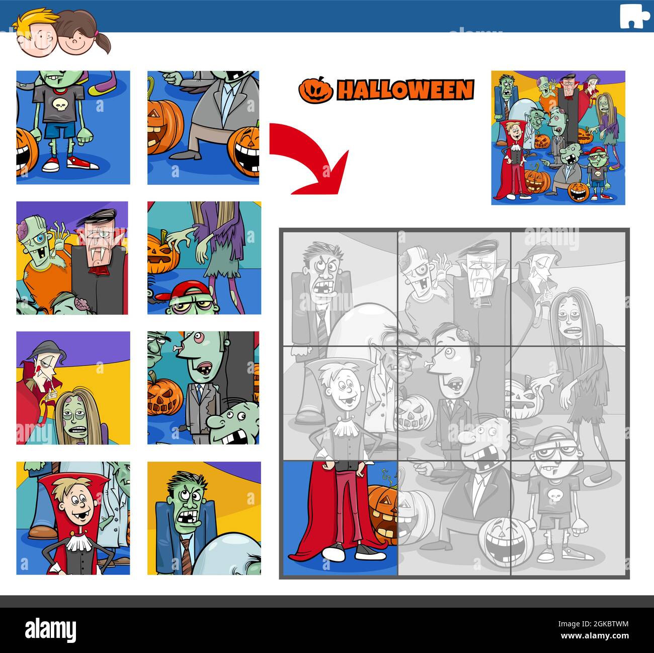 Cartoon illustration of educational jigsaw puzzle game for children ...