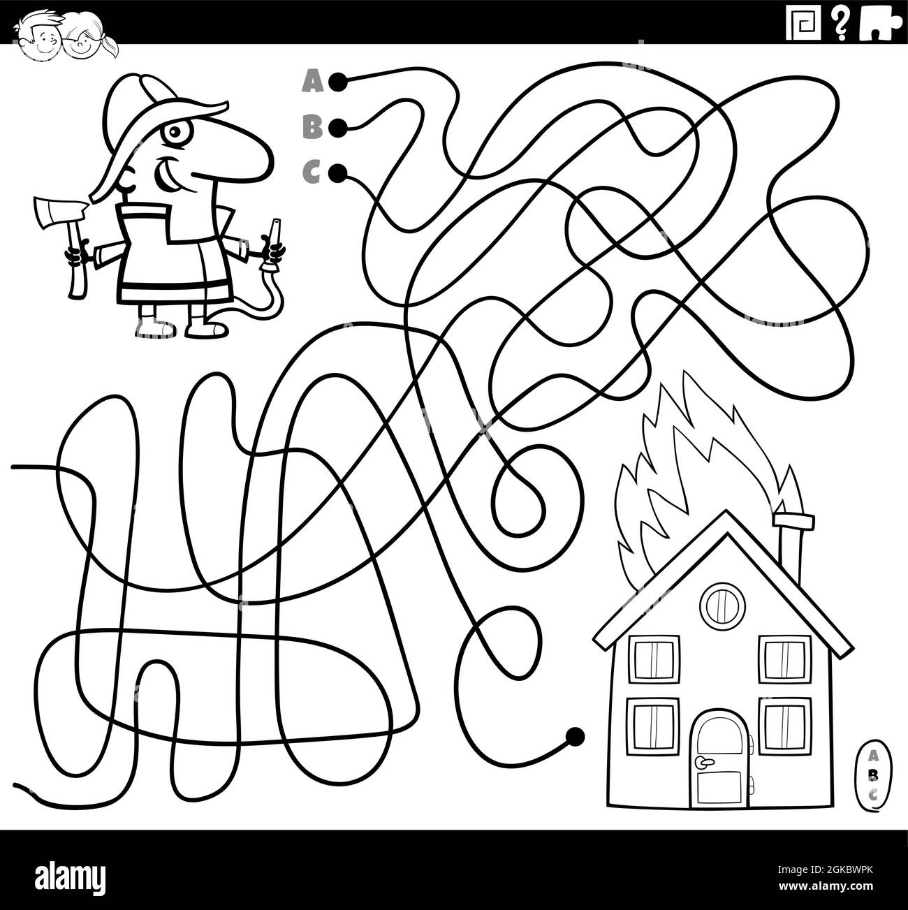 Black and white cartoon illustration of lines maze puzzle game with firefighter character and burning house coloring book page Stock Vector