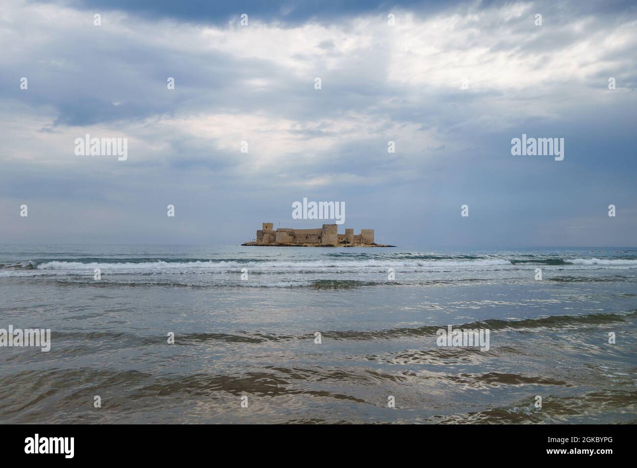 Panoramic view onto Kızkalesi, medieval castle located on small Mediterranean island. Fortress was built in 11 century by Byzantines. Now it's popular Stock Photo