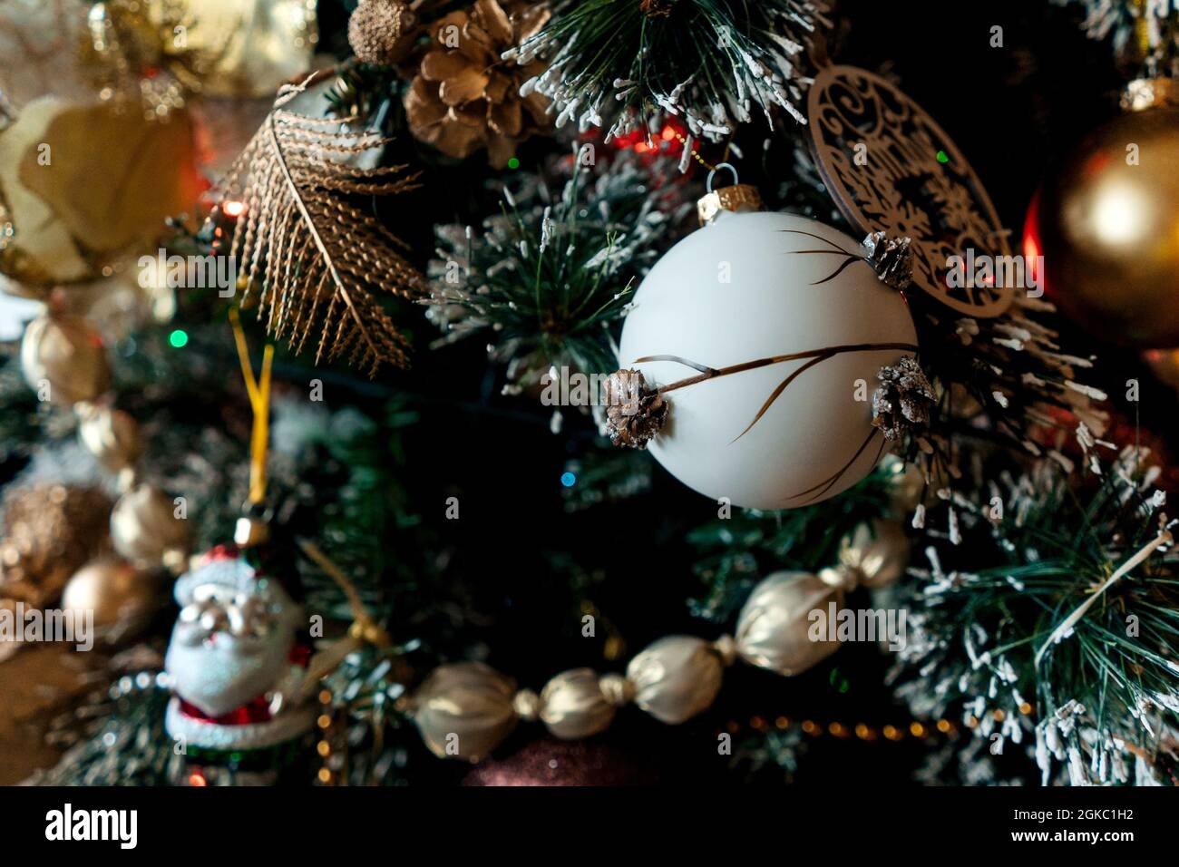 Decorated Christmas tree with balls, beads and baubles. Close-up Stock ...