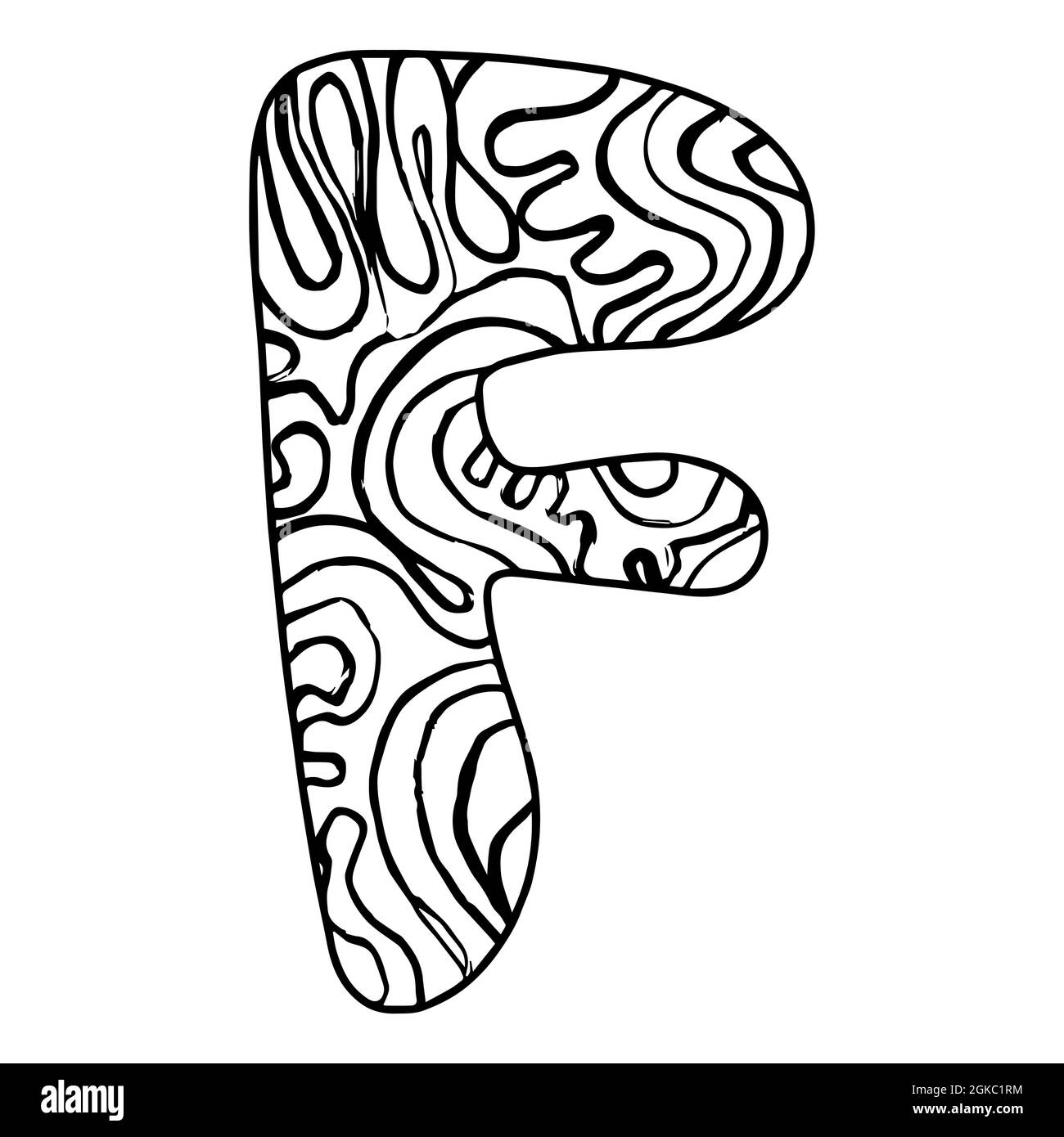 Zentangle stylized alphabet letter F. Black white hand drawn doodle