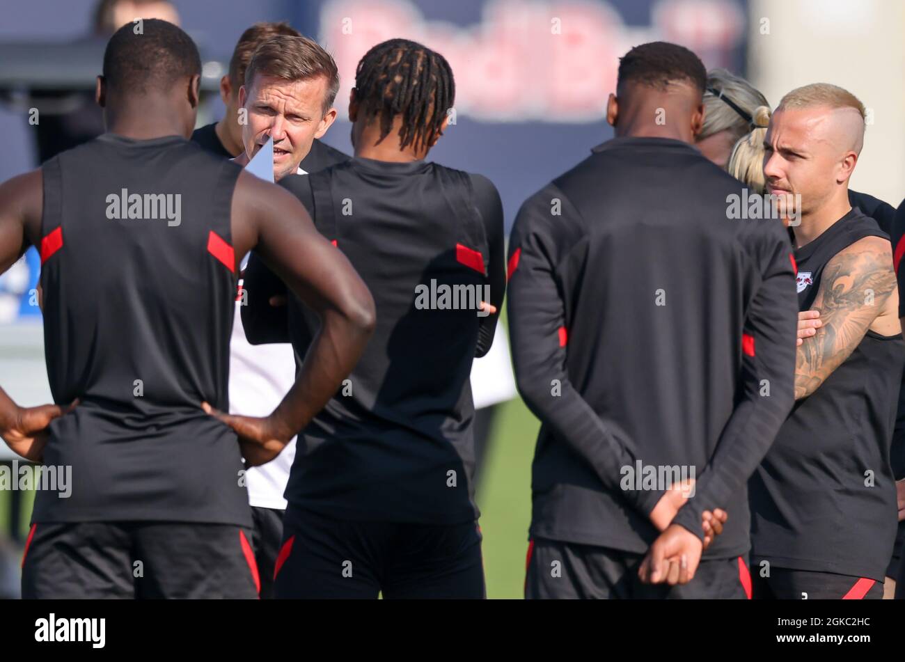 Leipzig, Germany. 14th Sep, 2021. Football: Champions League, group stage,  final training before the group match RB Leipzig - Manchester City at the  Red Bull Academy. Leipzig coach Jesse Marsch (2nd from