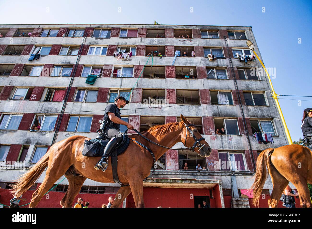 Mounted Police Officers patrol at biggest Slovak Roma housing estate Lunik IX in Kosice before the Pope Francis will meet local Roma minority today, on Tuesday, September 14, 2021, during his four-day visit to Slovakia, which started on Sunday. (CTK Photo/Roman Vondrous) Stock Photo