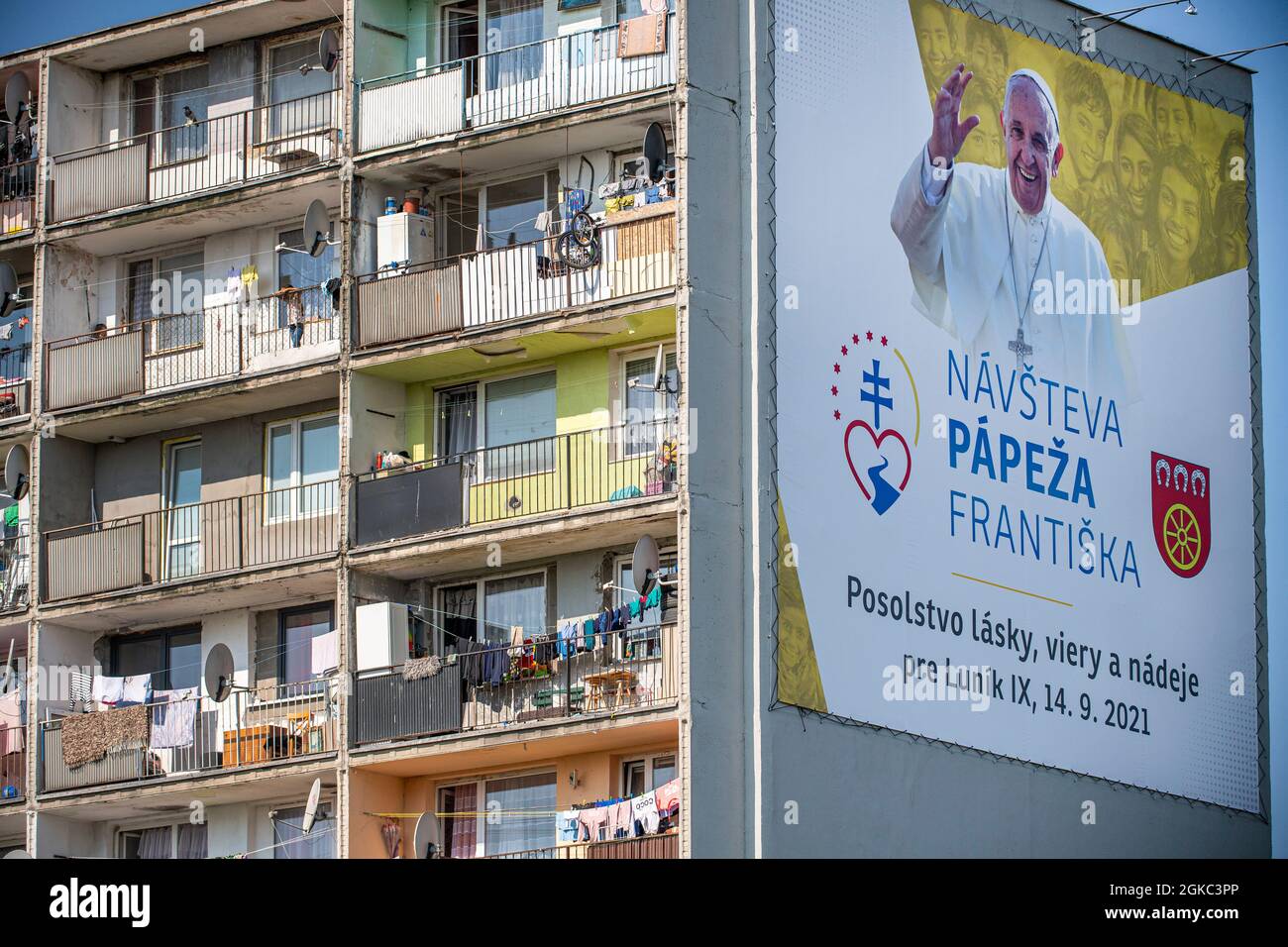 People welcome the Pope Francis, who will meet local Roma minority at biggest Slovak Roma housing estate Lunik IX in Kosice today, on Tuesday, September 14, 2021, during his four-day visit to Slovakia, which started on Sunday. (CTK Photo/Roman Vondrous) Stock Photo