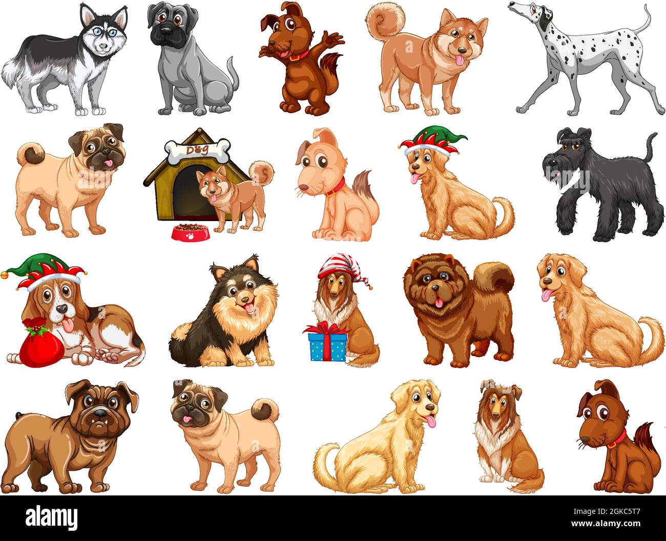 Different funny dogs in cartoon style isolated on white background ...