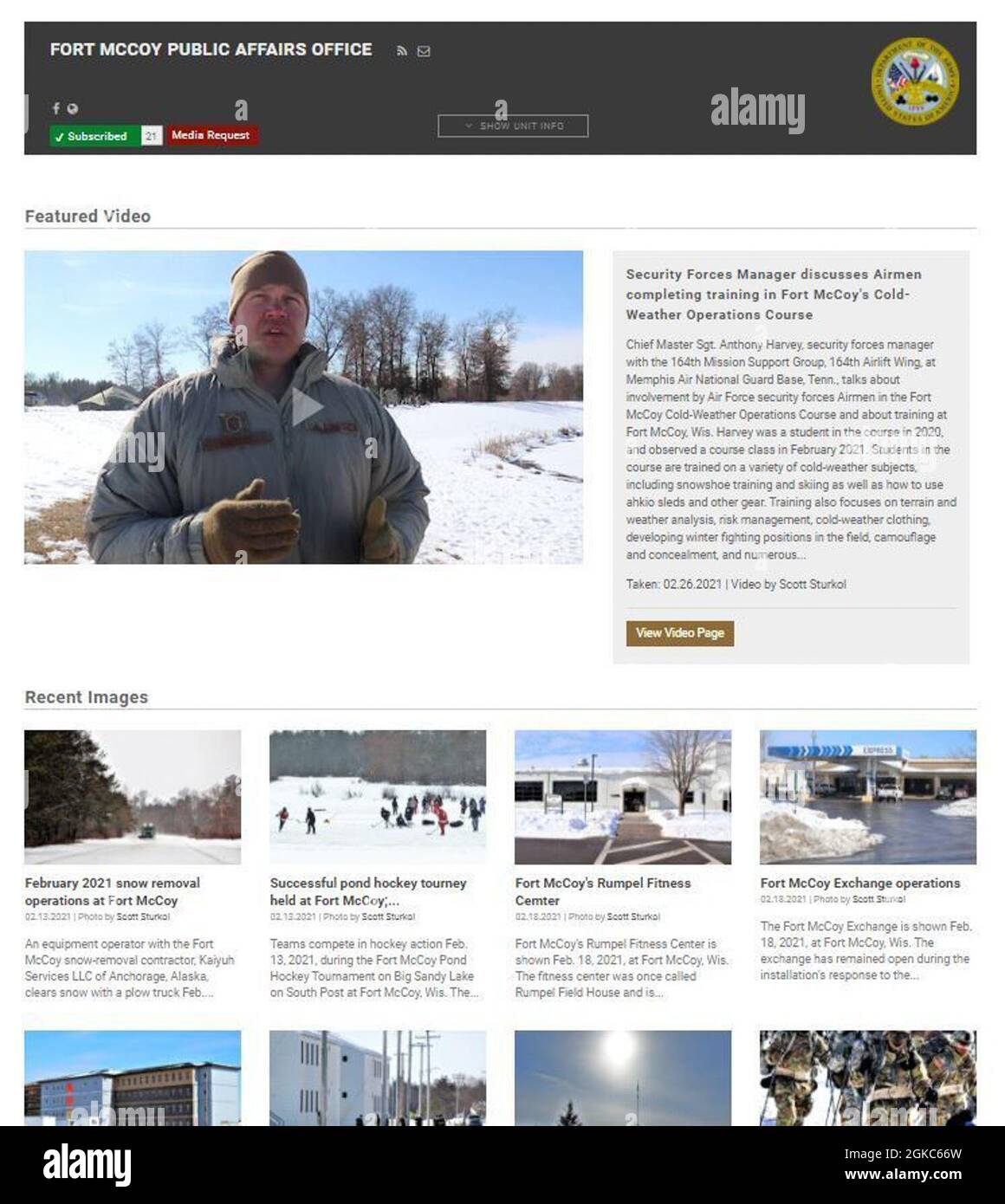 A screenshot of the Fort McCoy, Wis., Public Affairs Office page on the Defense Video and Imagery Distribution Service is shown March 10, 2021. The page and contributors to the page earned multiple monthly awards during 2020 including most uploads by a unit, most views by a unit, most views by a storyteller, and most uploads by a storyteller. Stock Photo