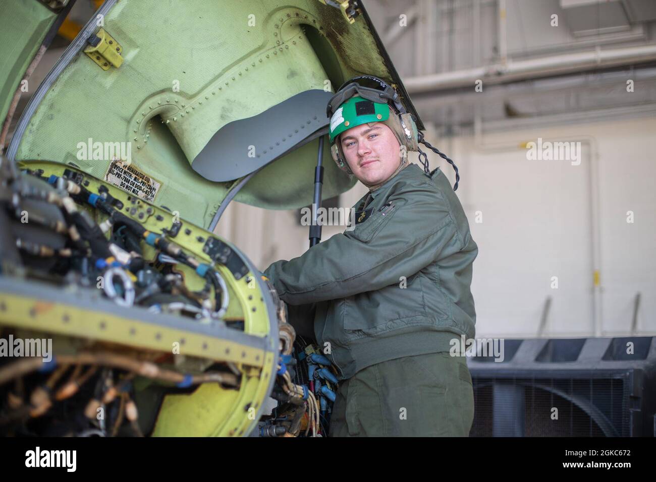 U.S. Marine Corps Lance Cpl. Colin Kelly, an aircraft communications/navigation/electrical/weapons system technician with Marine Medium Tiltrotor Training Squadron (VMMT) 204, poses for a photo at Marine Corps Air Station New River, North Carolina, March 10, 2021. Kelly, a native of Warrington, Pennsylvania, has a simple motto: “Let’s go fix some stuff.' According to his leadership, Kelly's keen discernment gained more than 130 maintenance hours on aircraft for the month of February. Kelly also ensured that new Marines who recently joined the unit were set up with barracks rooms, given compute Stock Photo