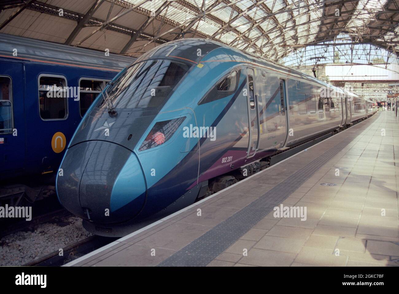 Liverpool, UK - 18 July 2021: An expess train (Class 802) operated by TPE (TransPennine Express) at Liverpool Lime Street station. Stock Photo