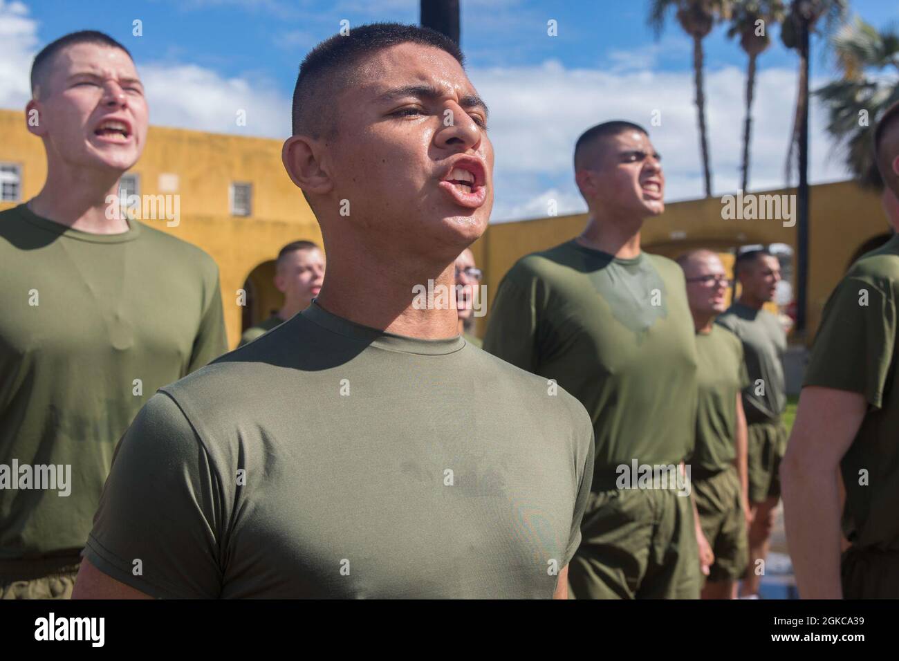Pvt. Isaac A. Trujillo with Hotel Company, 2nd Recruit Training Battalion,  sounds off while participating in a motivational run at Marine Corps  Recruit Depot, San Diego, March 1, 2021. Following graduation on